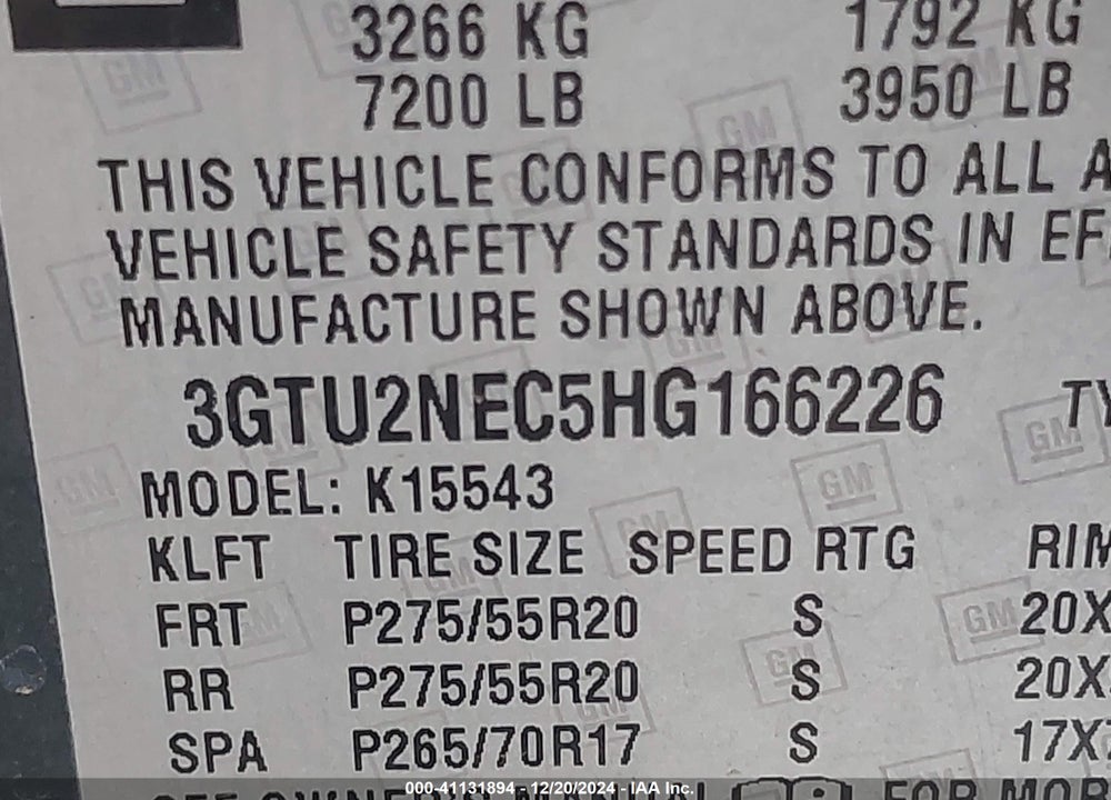 2017 GMC SIERRA 1500 VIN: 3GTU2NEC5HG166226