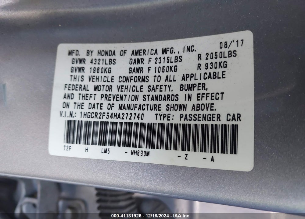 2017 HONDA ACCORD VIN: 1HGCR2F54HA272740