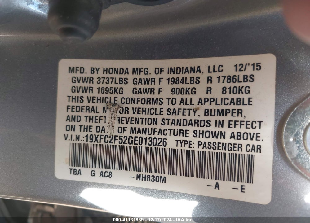 2016 HONDA CIVIC LX VIN: 19XFC2F52GE013026