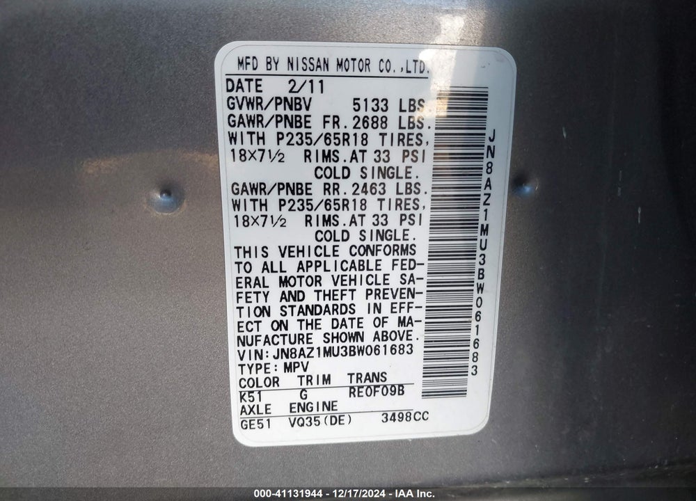 2011 NISSAN MURANO SV VIN: JN8AZ1MU3BW061683