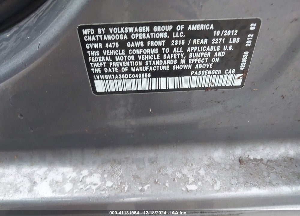 2013 VOLKSWAGEN PASSAT VIN: 1VWBH7A36DC049658