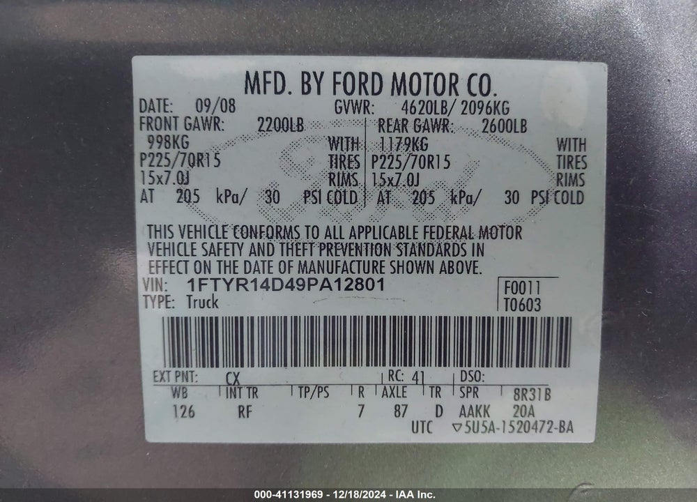 2009 FORD RANGER VIN: 1FTYR14D49PA12801