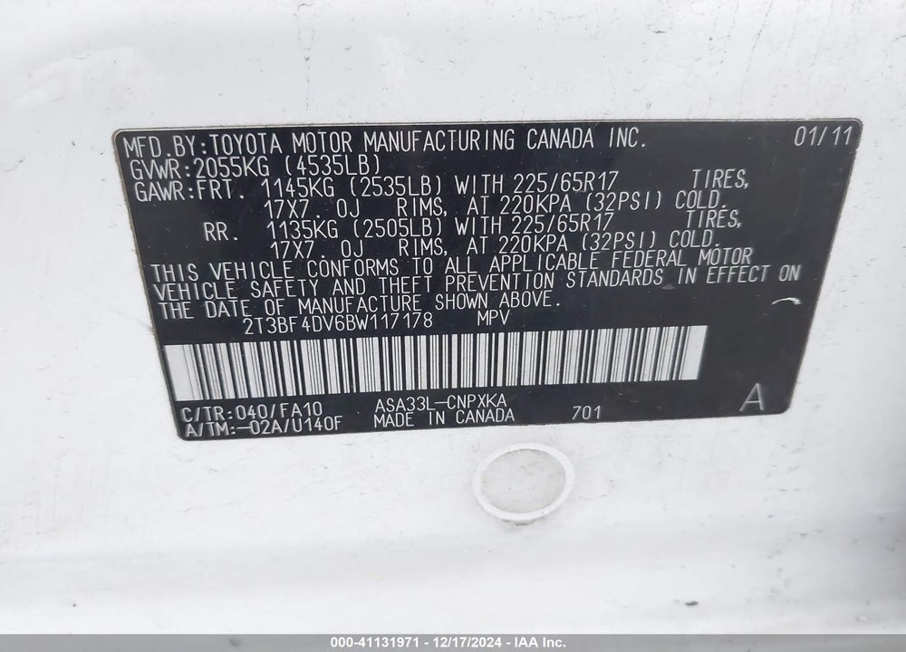 2011 TOYOTA RAV4 VIN: 2T3BF4DV6BW117178