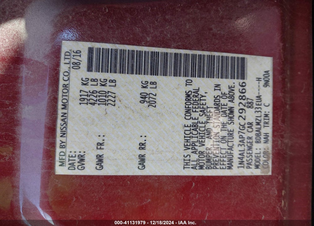 2016 NISSAN ALTIMA 2.5 SV VIN: 1N4AL3AP7GC292866