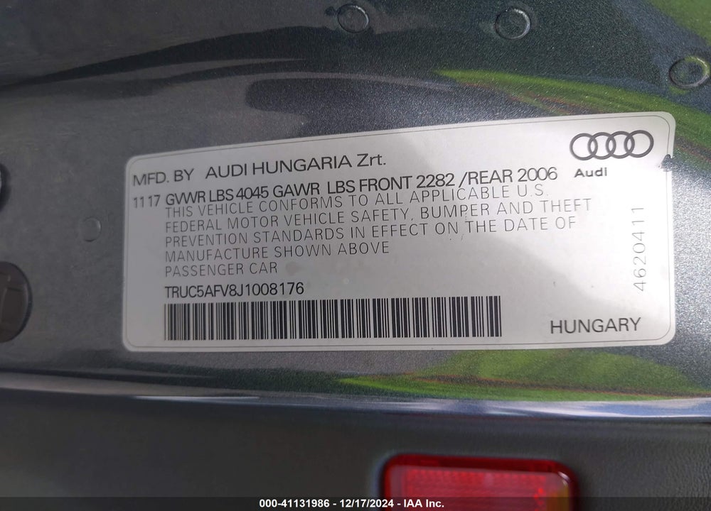 2018 AUDI TT 2.0T VIN: TRUC5AFV8J1008176