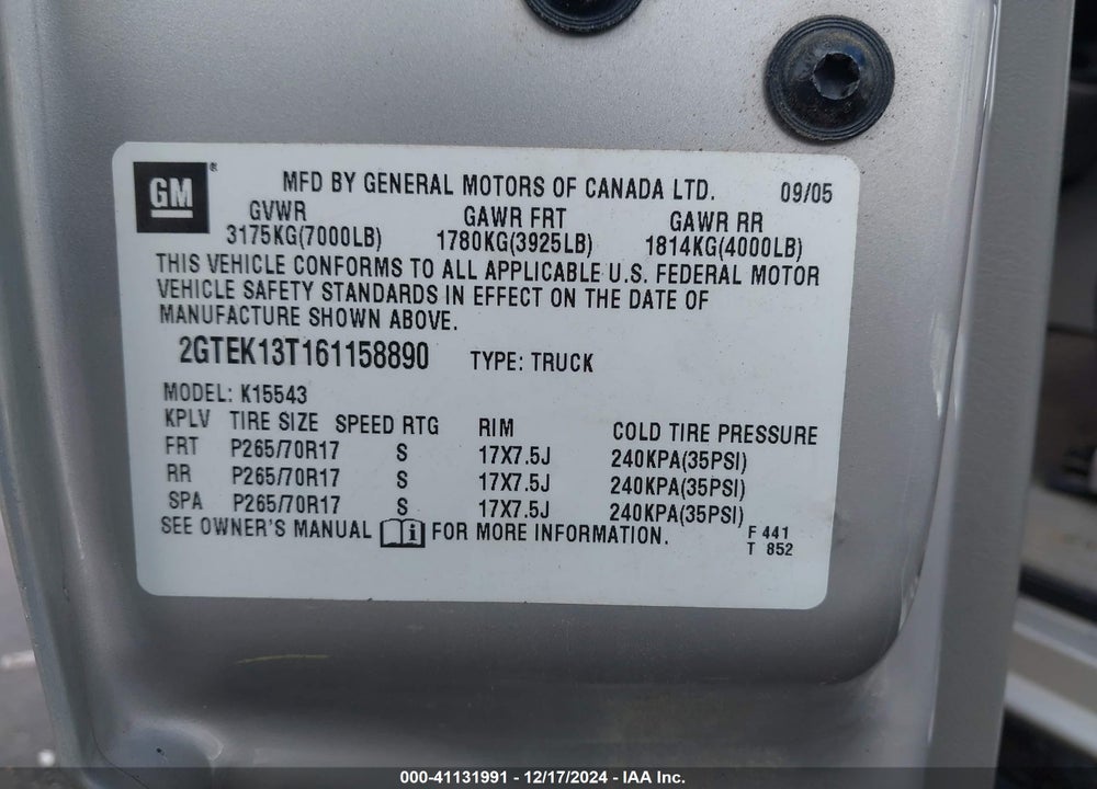 2006 GMC SIERRA 1500 SLT VIN: 2GTEK13T161158890