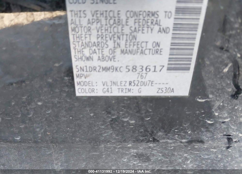 2019 NISSAN PATHFINDER SV VIN: 5N1DR2MM9KC583617