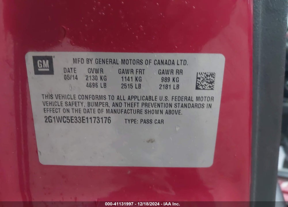2014 CHEVROLET IMPALA LIMITED LTZ VIN: 2G1WC5E33E1173176