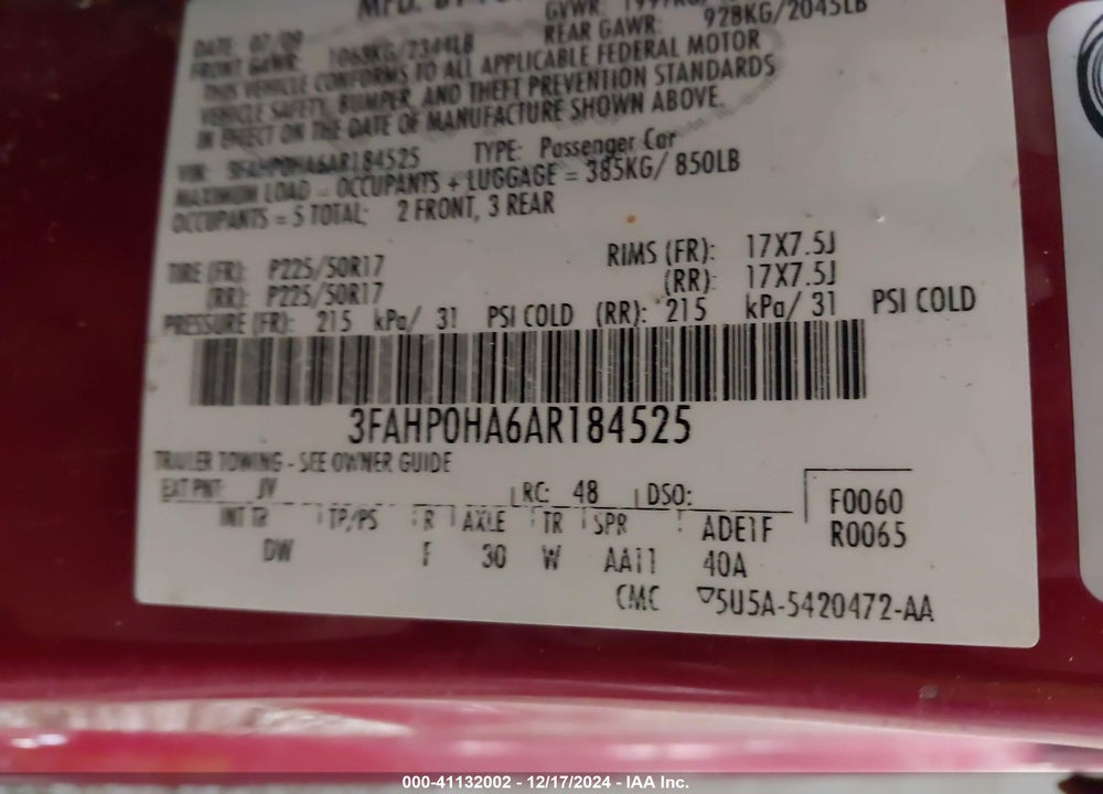 2010 FORD FUSION VIN: 3FAHP0HA6AR184525