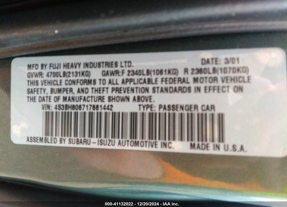 2001 SUBARU OUTBACK H6-3.0 VIN: 4S3BH806717661442