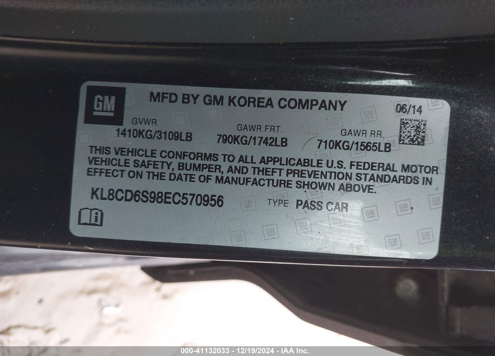 2014 CHEVROLET SPARK VIN: KL8CD6S98EC570956