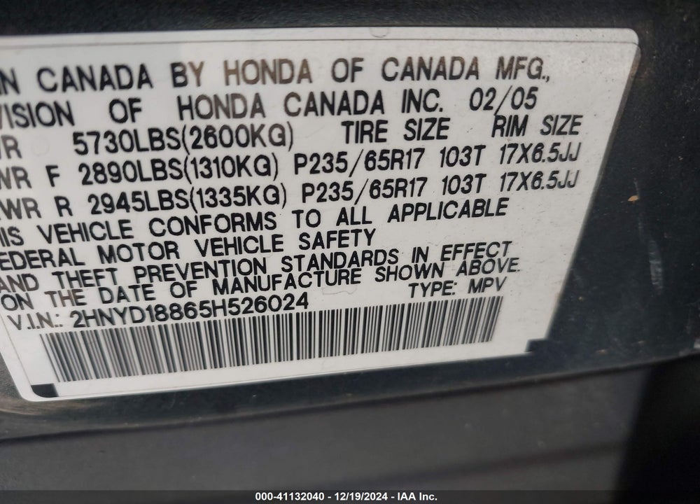 2005 ACURA MDX VIN: 2HNYD18865H526024