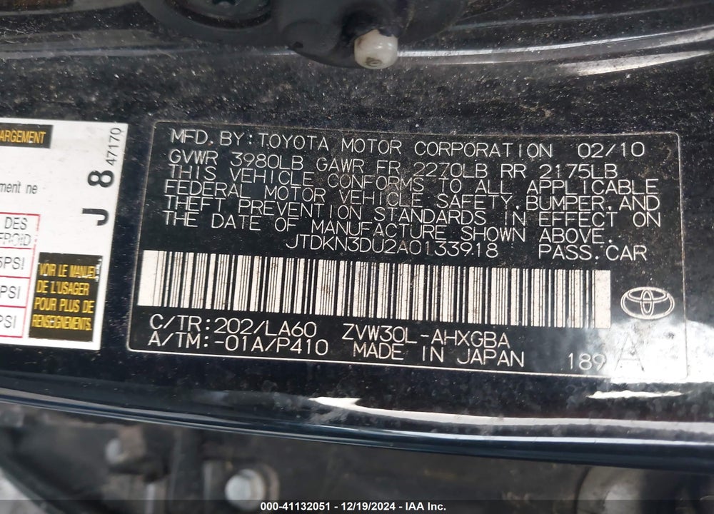 2010 TOYOTA PRIUS IV VIN: JTDKN3DU2A0133918