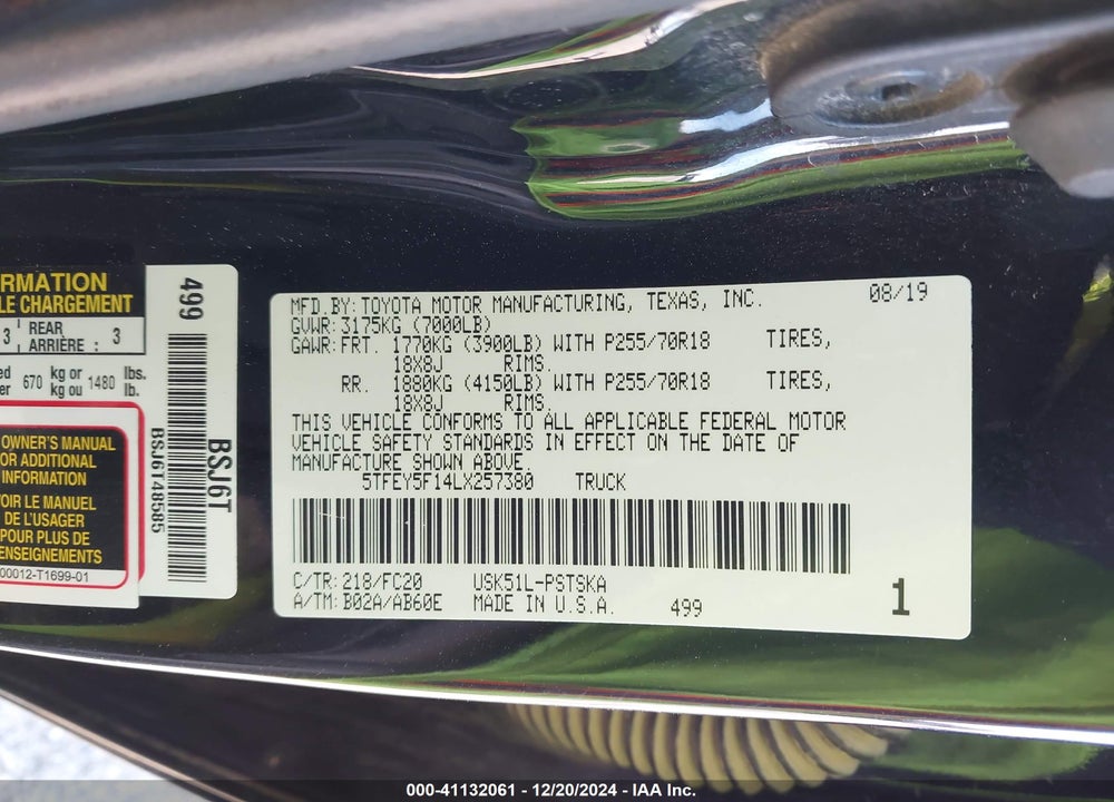 2020 TOYOTA TUNDRA SR5 VIN: 5TFEY5F14LX257380