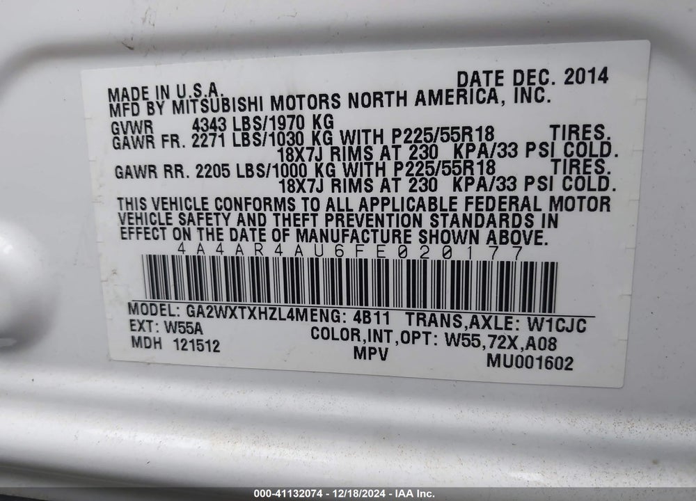 2015 MITSUBISHI OUTLANDER SPORT SE VIN: 4A4AR4AU6FE020177