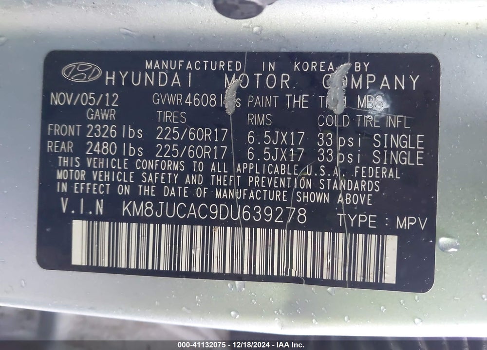 2013 HYUNDAI TUCSON GLS VIN: KM8JUCAC9DU639278