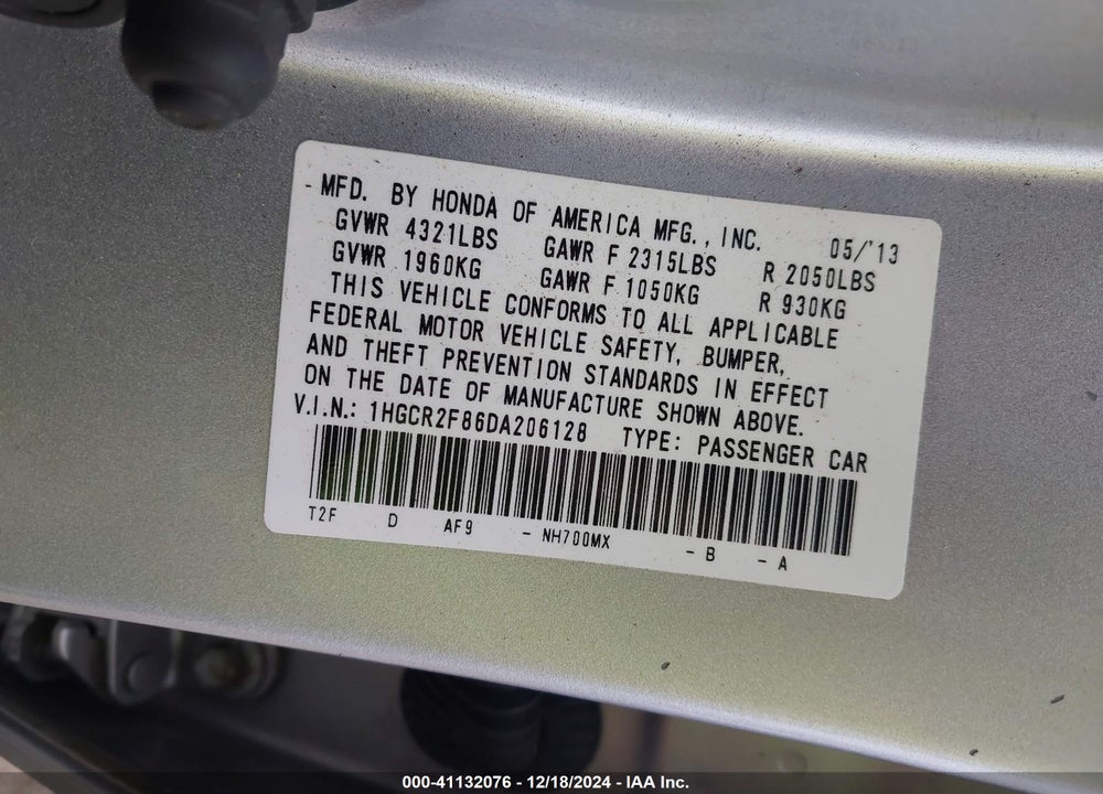 2013 HONDA ACCORD EX-L VIN: 1HGCR2F86DA206128
