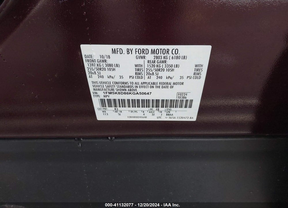 2019 FORD EXPLORER XLT VIN: 1FM5K8D86KGA50647