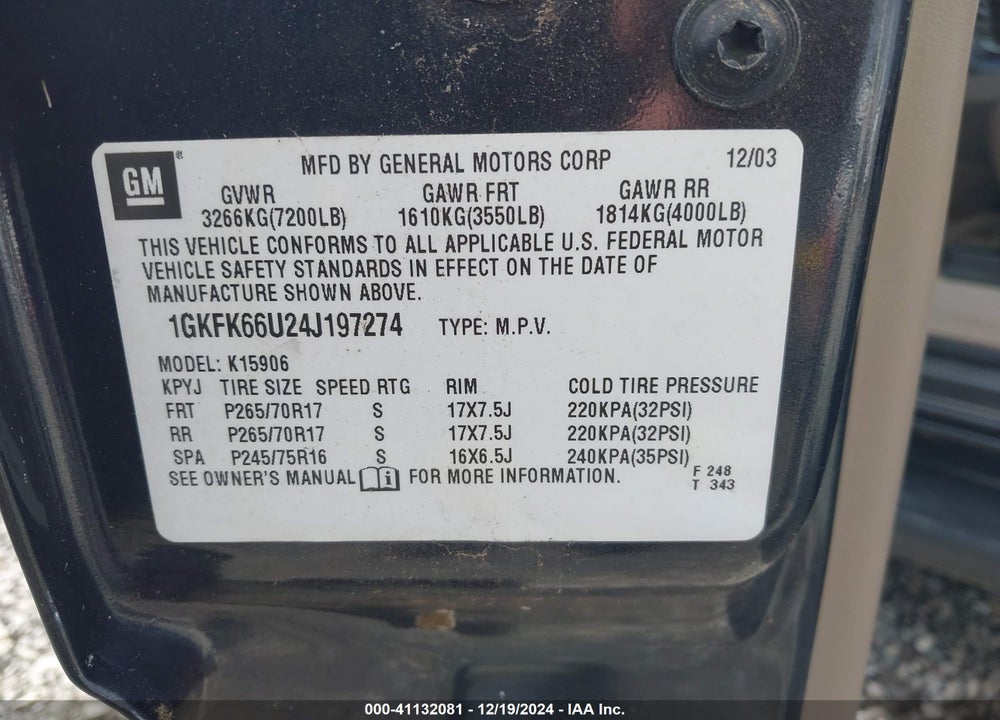 2004 GMC YUKON XL 1500 DENALI VIN: 1GKFK66U24J197274