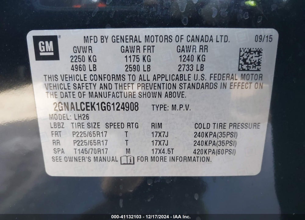 2016 CHEVROLET EQUINOX VIN: 2GNALCEK1G6124908