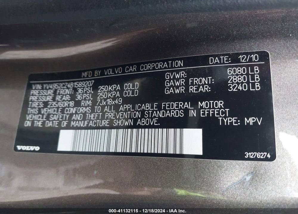 2011 VOLVO XC90 3.2 VIN: YV4952CZ4B1589207