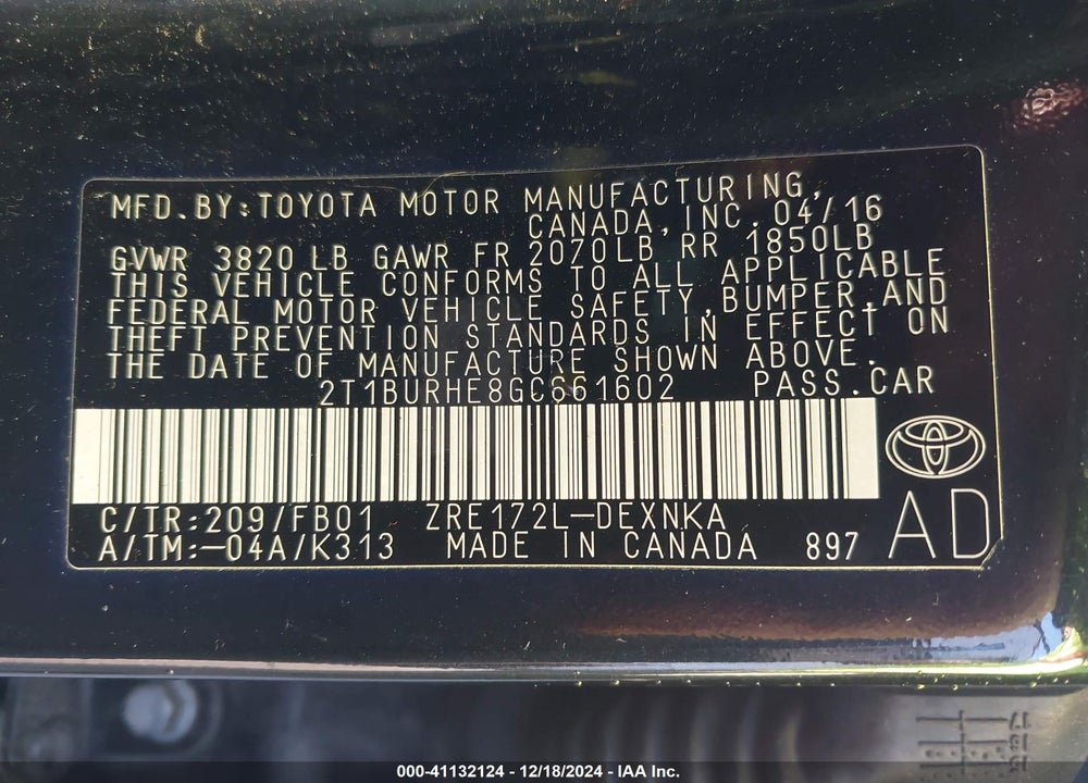 2016 TOYOTA COROLLA VIN: 2T1BURHE8GC661602