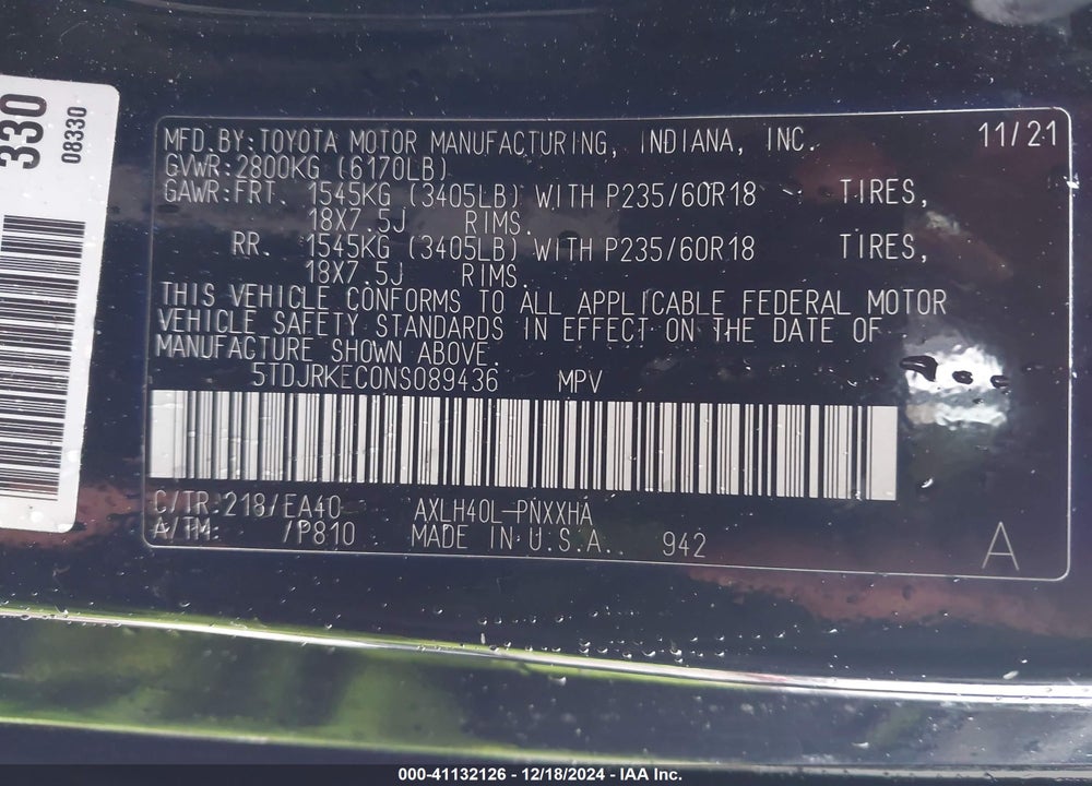 2022 TOYOTA SIENNA XLE VIN: 5TDJRKEC0NS089436