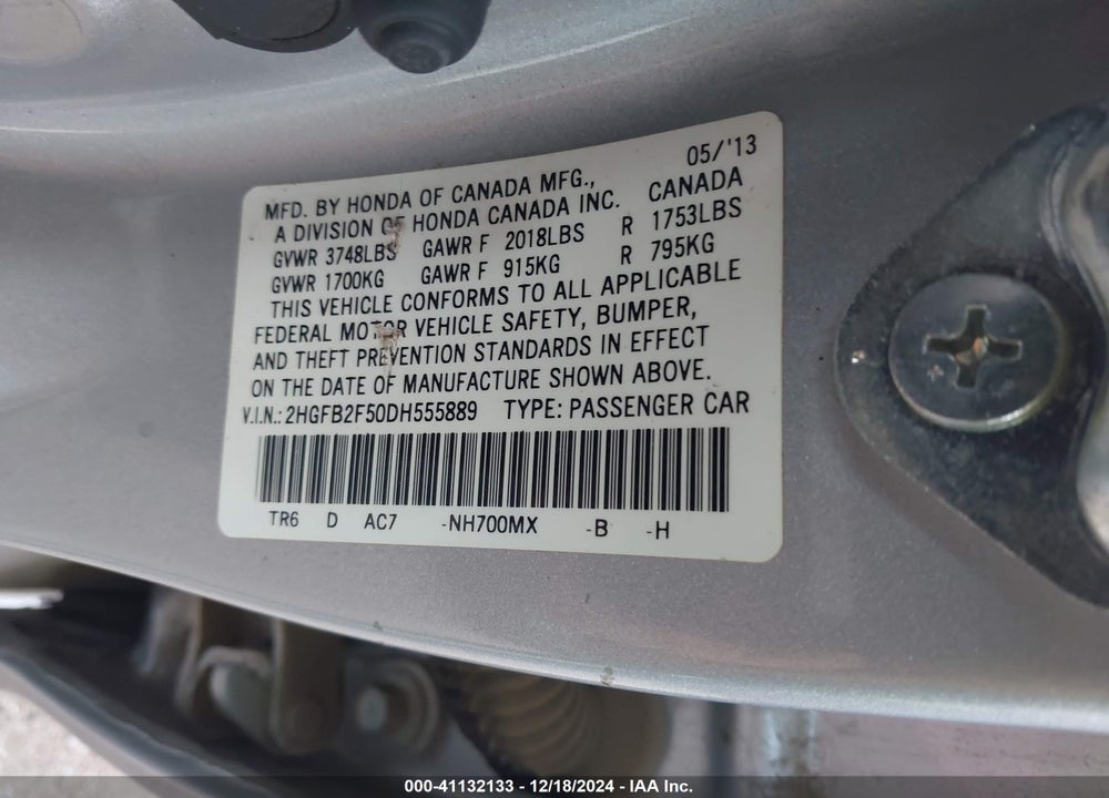 2013 HONDA CIVIC VIN: 2HGFB2F50DH555889
