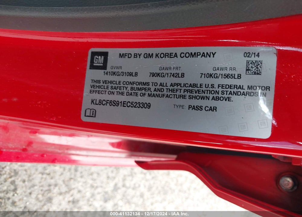 2014 CHEVROLET SPARK 2LT AUTO VIN: KL8CF6S91EC523309