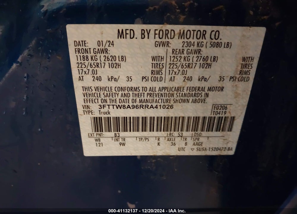 2024 FORD MAVERICK VIN: 3FTTW8A96RRA41026