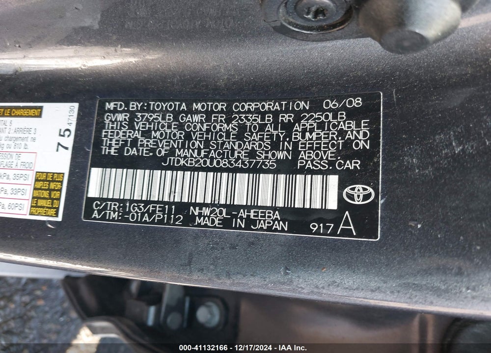 2008 TOYOTA PRIUS VIN: JTDKB20U083437735