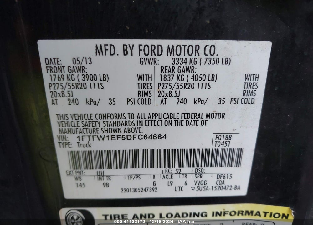 2013 FORD F-150 VIN: 1FTFW1EF5DFC64684