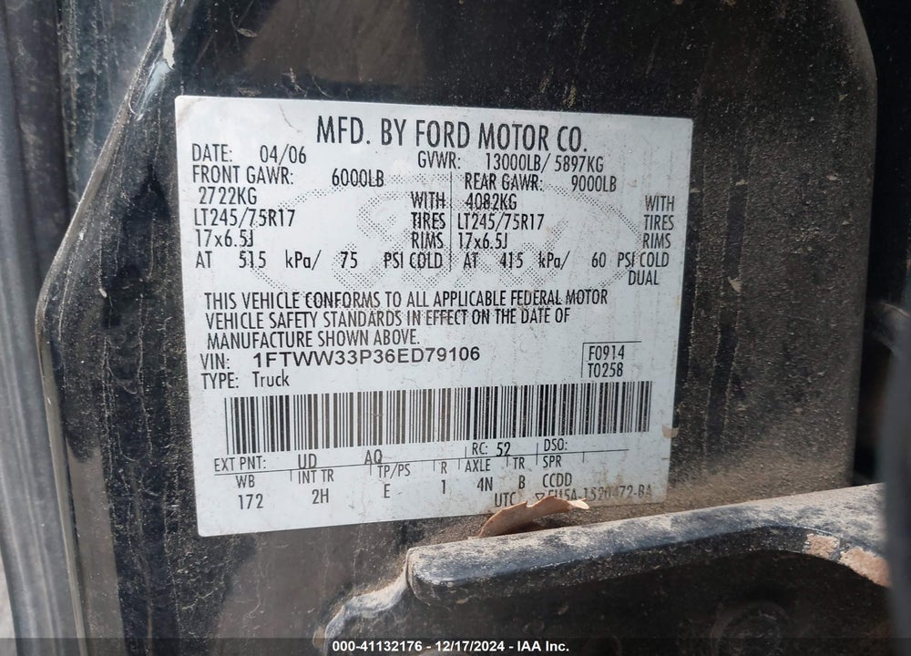 2006 FORD F-350 LARIAT/XL/XLT VIN: 1FTWW33P36ED79106