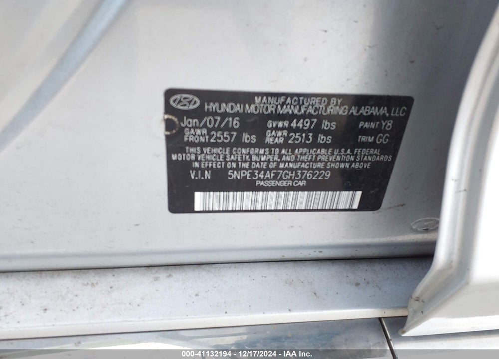 2016 HYUNDAI SONATA VIN: 5NPE34AF7GH376229