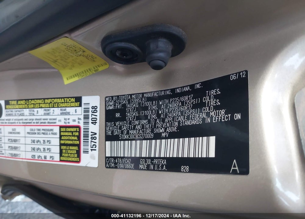 2012 TOYOTA SIENNA LE V6 8 PASSENGER VIN: 5TDKK3DC3CS270009