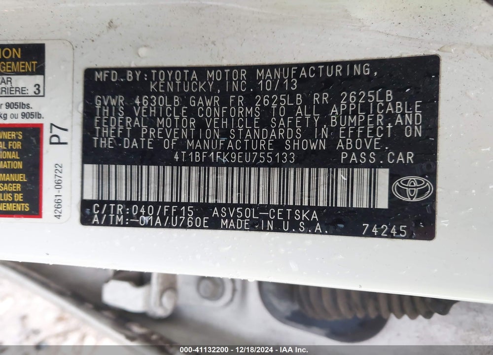 2014 TOYOTA CAMRY SE VIN: 4T1BF1FK9EU755133