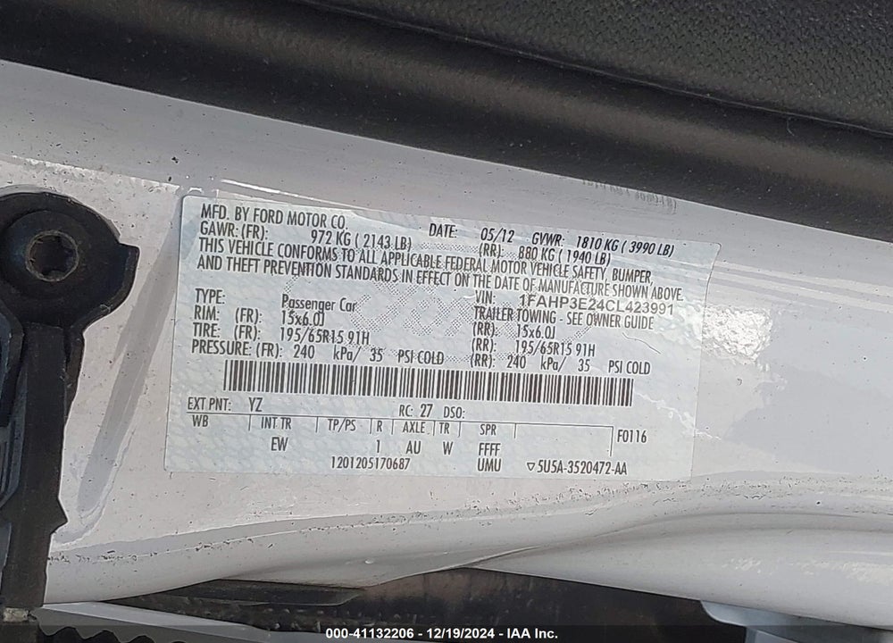 2012 FORD FOCUS S VIN: 1FAHP3E24CL423991