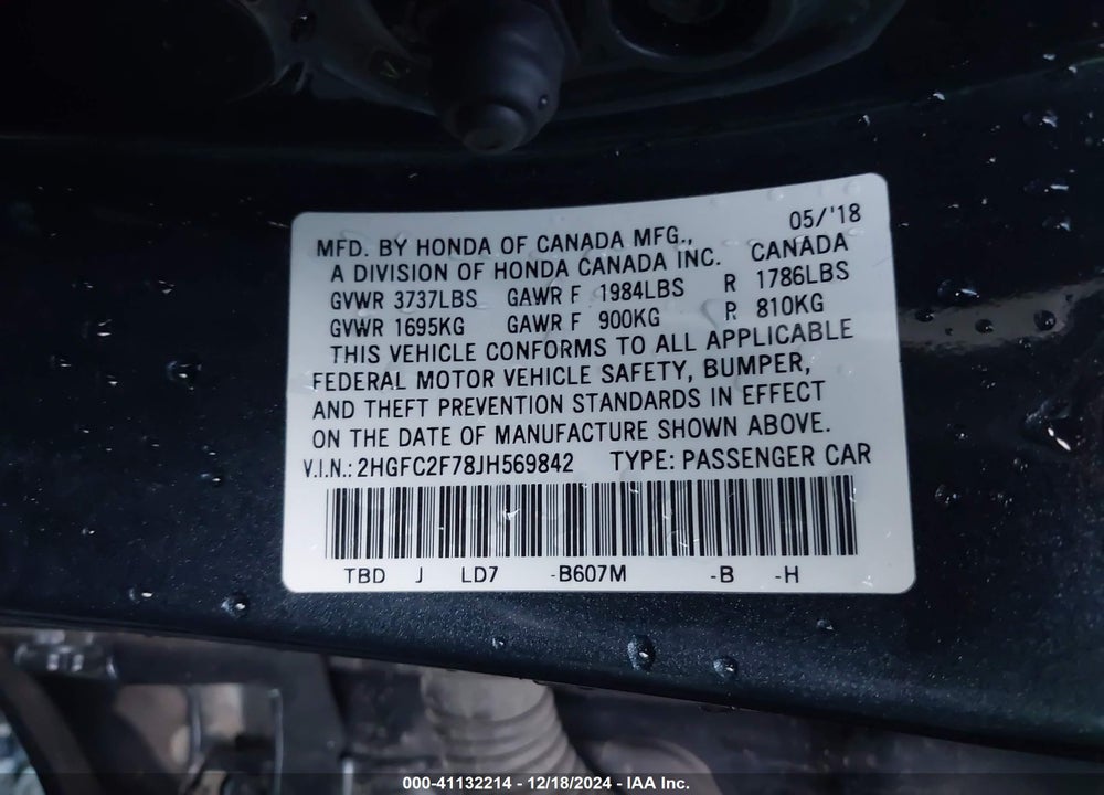 2018 HONDA CIVIC EX VIN: 2HGFC2F78JH569842