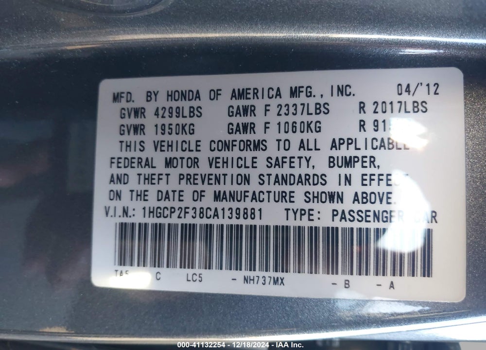 2012 HONDA ACCORD 2.4 LX VIN: 1HGCP2F38CA139881