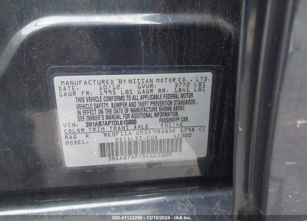 2013 NISSAN SENTRA SV VIN: 3N1AB7AP7DL615000