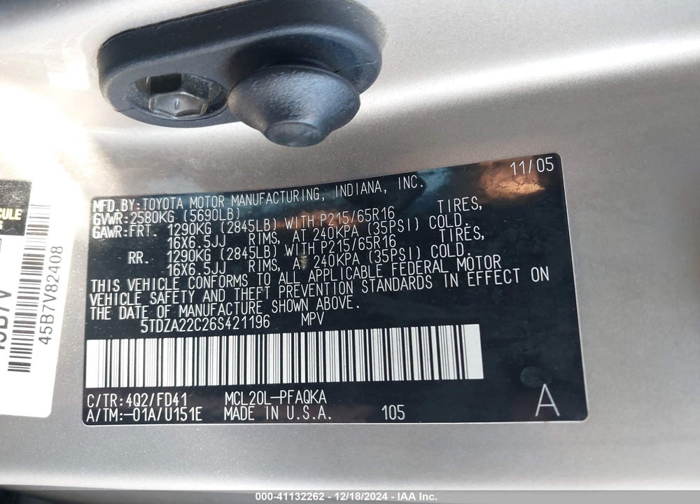 2006 TOYOTA SIENNA XLE VIN: 5TDZA22C26S421196