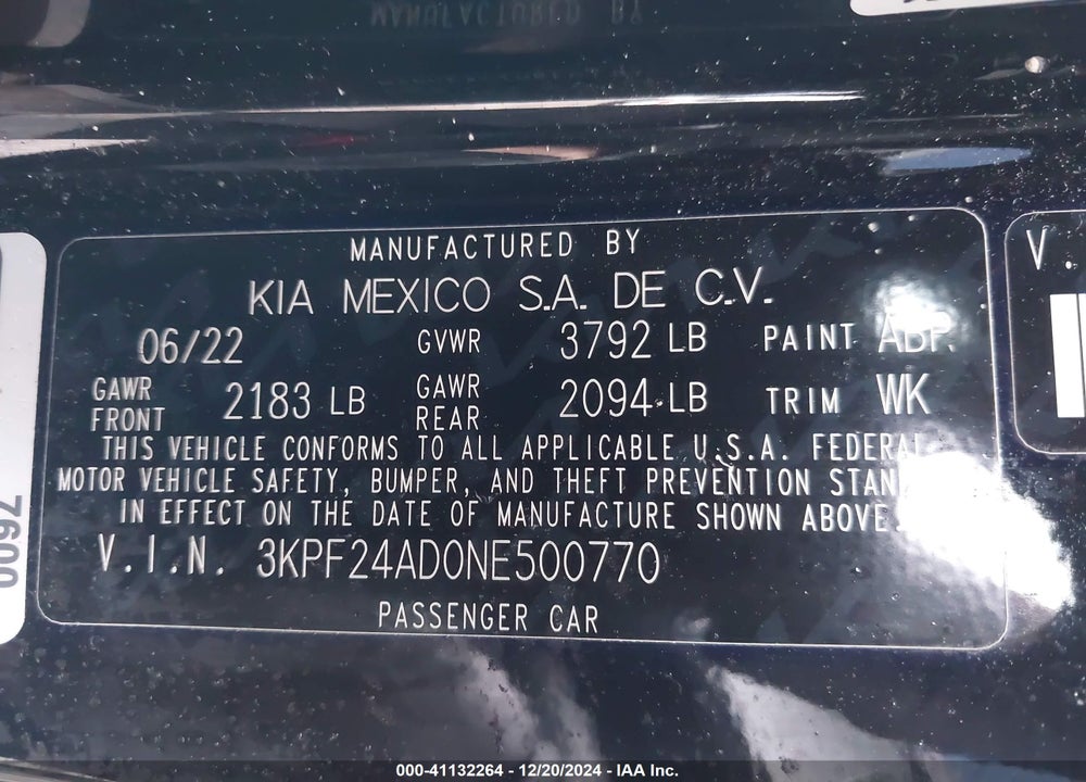 2022 KIA FORTE FE VIN: 3KPF24AD0NE500770