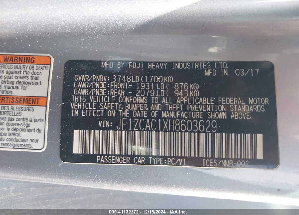 2017 SUBARU BRZ LIMITED VIN: JF1ZCAC1XH8603629