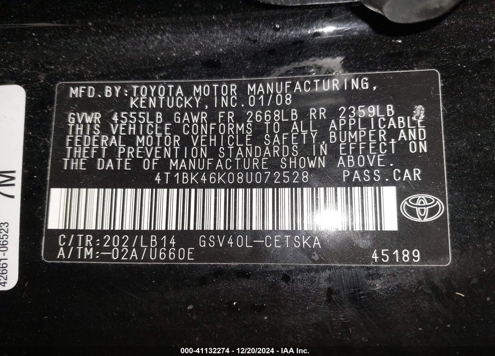 2008 TOYOTA CAMRY VIN: 4T1BK46K08U072528