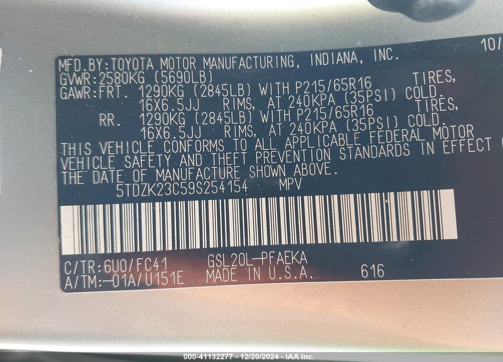 2009 TOYOTA SIENNA LE VIN: 5TDZK23C59S254154