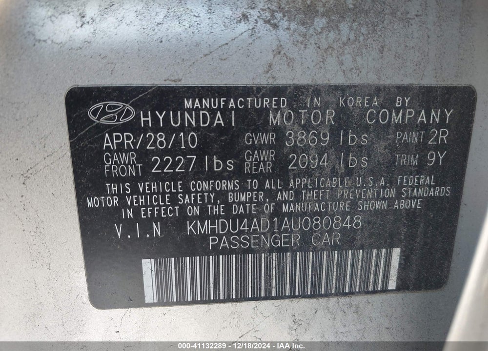 2010 HYUNDAI ELANTRA GLS VIN: KMHDU4AD1AU080848