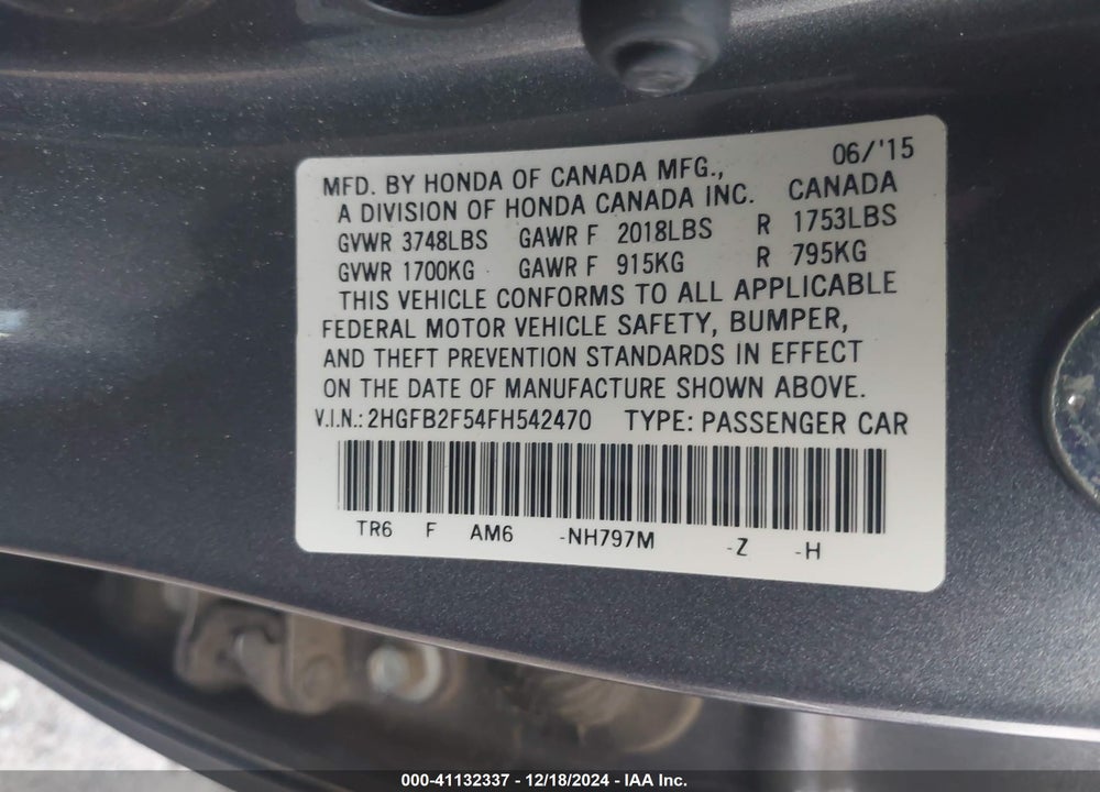 2015 HONDA CIVIC LX VIN: 2HGFB2F54FH542470