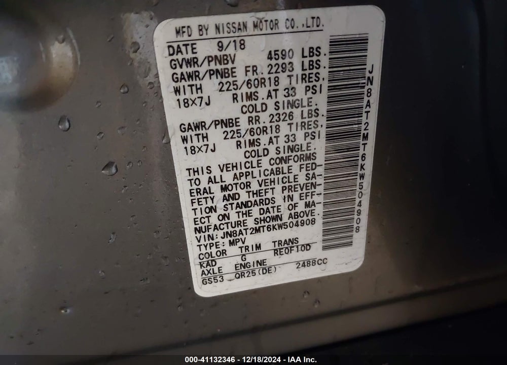2019 NISSAN ROGUE SV VIN: JN8AT2MT6KW504908