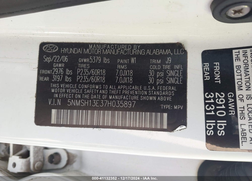2007 HYUNDAI SANTA FE LIMITED/SE VIN: 5NMSH13E37H035897