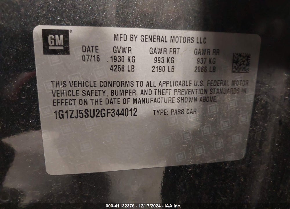 2016 CHEVROLET MALIBU HYBRID VIN: 1G1ZJ5SU2GF344012